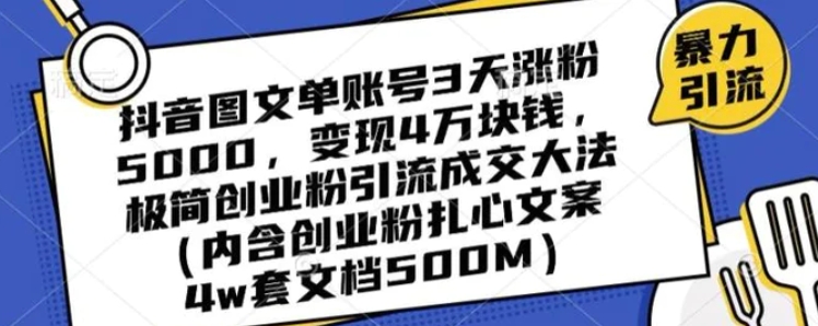 抖音图文单账号3天涨粉5000，变现4万块钱，极简创业粉引流成交大法-柚子资源网