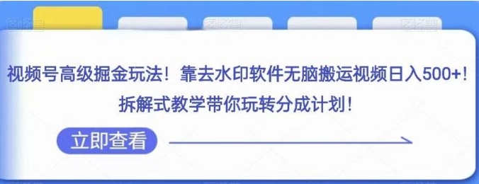 视频号高级掘金玩法，靠去水印软件无脑搬运视频日入500+，拆解式教学带你玩转分成计划【揭秘】-柚子资源网