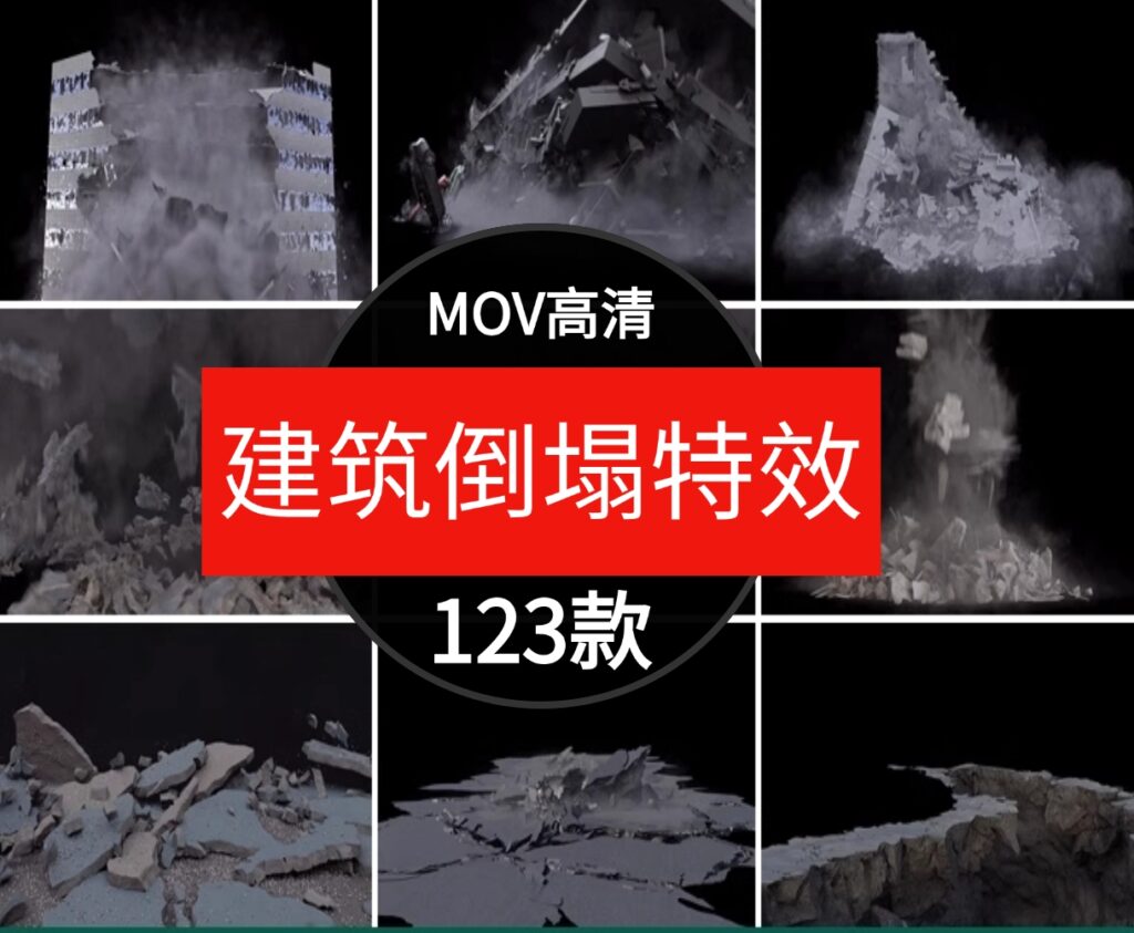 建筑高楼房倒塌地面塌方裂开塌陷汽车翻滚墙面破碎特效4K视频素材-柚子资源网