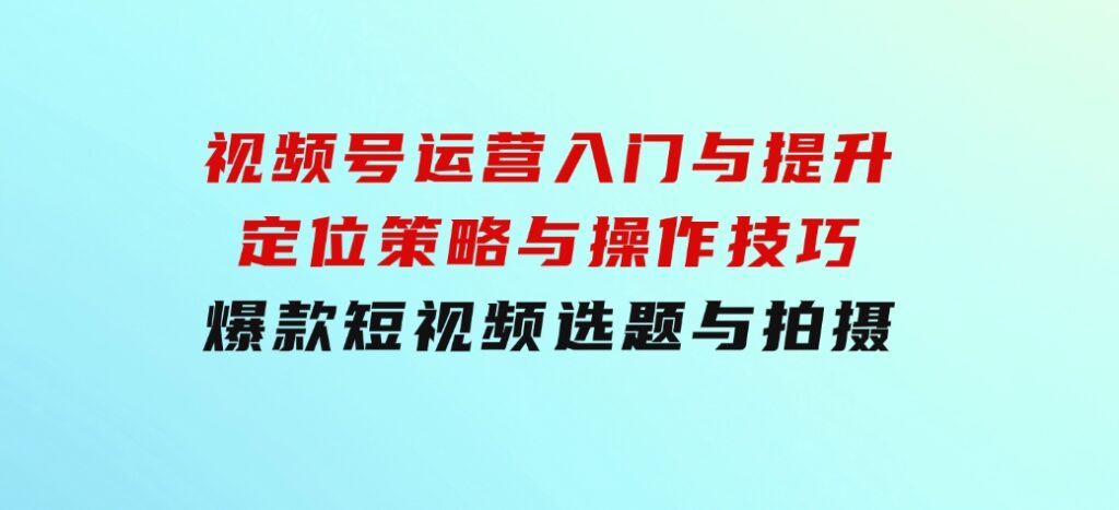 视频号运营入门与提升：定位策略与操作技巧，爆款短视频选题与拍摄-柚子资源网